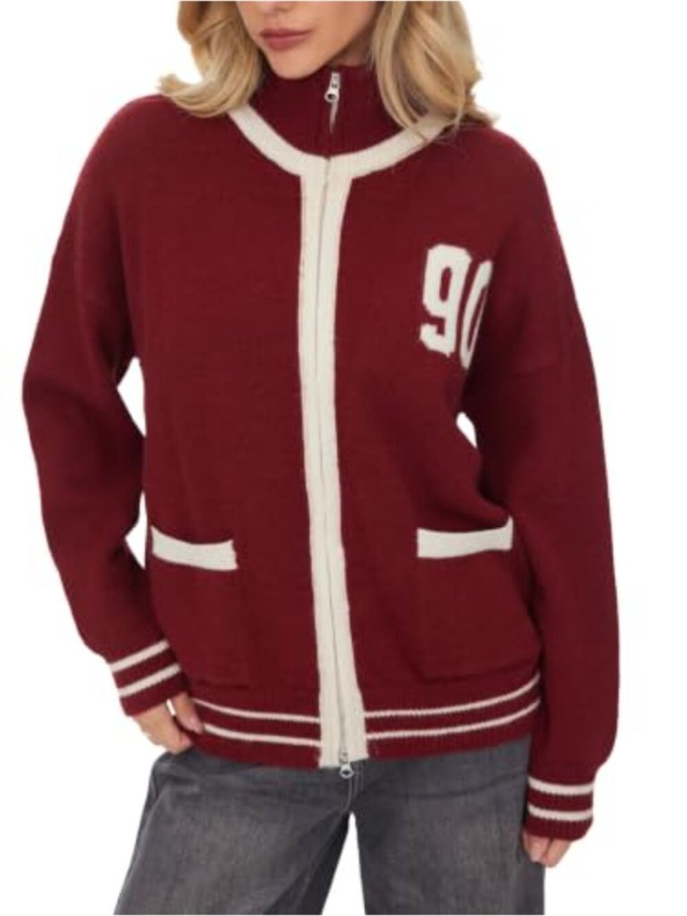 Oversized Zip Front Knit Cardigan Jacket Loose Fit Varsity Graphic